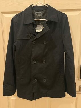 Topman Black Double-Breasted Pea Coat Black Mens Small New with Tag